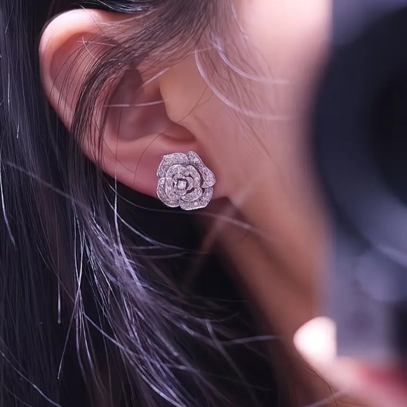 White Rhodium Camellia Flower Post Earrings - Picture 2 of 2